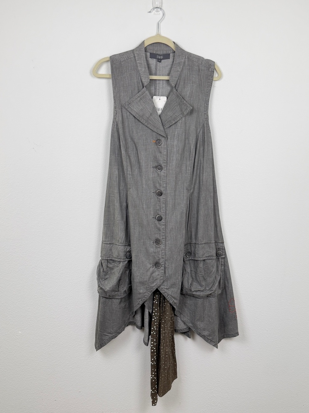 Rimini Gray Asymmetrical Sleeveless Tunic Vest Dress w Pockets & Sash